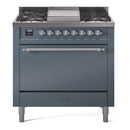 ILVE 36-Inch Nostalgie II Dual Fuel Range with 6 Burners and Solid Door Oven in Blue Grey with Chrome Trim (UP36FQNMPBGC)