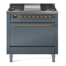 ILVE 36-Inch Nostalgie II Dual Fuel Range with 6 Burners and Solid Door Oven in Blue Grey with Brass Trim (UP36FQNMPBGG)