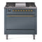 ILVE 36-Inch Nostalgie II Dual Fuel Range with 6 Burners and Solid Door Oven in Blue Grey with Brass Trim (UP36FQNMPBGG)