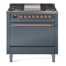 ILVE Nostalgie II 36 inch Propane Gas Range with 6 Sealed Burners, Griddle with Triple Glass Door in Blue Grey with Copper Trim
