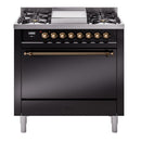 ILVE Nostalgie II 36 inch Propane Gas Range with 6 Sealed Burners, Griddle with Triple Glass Door in Glossy Black with Burnished Trim