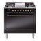 ILVE Nostalgie II 36 inch Propane Gas Range with 6 Sealed Burners, Griddle with Triple Glass Door in Glossy Black with Burnished Trim