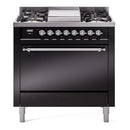 ILVE Nostalgie II 36 inch Propane Gas Range with 6 Sealed Burners, Griddle with Triple Glass Door in Glossy Black with Chrome Trim