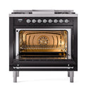 ILVE Nostalgie II 36 inch Propane Gas Range with 6 Sealed Burners, Griddle with Triple Glass Door in Glossy Black with Chrome Trim