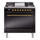 ILVE Nostalgie II 36 inch Propane Gas Range with 6 Sealed Burners, Griddle with Triple Glass Door in Glossy Black with Brass Trim