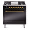 ILVE 36-Inch Nostalgie II Dual Fuel Range with 6 Burners and Solid Door Oven in Glossy Black with Brass Trim (UP36FQNMPBKG)