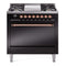 ILVE Nostalgie II 36 inch Propane Gas Range with 6 Sealed Burners, Griddle with Triple Glass Door in Glossy Black with Copper Trim