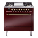 ILVE Nostalgie II 36 inch Propane Gas Range with 6 Sealed Burners, Griddle with Triple Glass Door in Burgundy with Burnished Trim