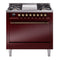ILVE Nostalgie II 36 inch Propane Gas Range with 6 Sealed Burners, Griddle with Triple Glass Door in Burgundy with Burnished Trim