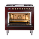 ILVE Nostalgie II 36 inch Propane Gas Range with 6 Sealed Burners, Griddle with Triple Glass Door in Burgundy with Burnished Trim