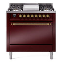 ILVE Nostalgie II 36 inch Propane Gas Range with 6 Sealed Burners, Griddle with Triple Glass Door in Burgundy with Brass Trim