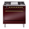 ILVE Nostalgie II 36 inch Propane Gas Range with 6 Sealed Burners, Griddle with Triple Glass Door in Burgundy with Brass Trim