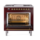 ILVE Nostalgie II 36 inch Propane Gas Range with 6 Sealed Burners, Griddle with Triple Glass Door in Burgundy with Brass Trim