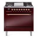 ILVE 36-Inch Nostalgie II Dual Fuel Range with 6 Burners and Solid Door Oven in Burgundy with Copper Trim (UP36FQNMPBUP)