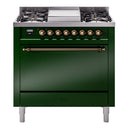 ILVE Nostalgie II 36 inch Propane Gas Range with 6 Sealed Burners, Griddle with Triple Glass Door in Emerald Green with Burnished Trim