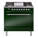 ILVE Nostalgie II 36 inch Propane Gas Range with 6 Sealed Burners, Griddle with Triple Glass Door in Emerald Green with Chrome Trim