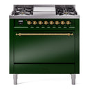 ILVE Nostalgie II 36 inch Propane Gas Range with 6 Sealed Burners, Griddle with Triple Glass Door in Emerald Green with Brass Trim