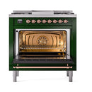 ILVE Nostalgie II 36 inch Propane Gas Range with 6 Sealed Burners, Griddle with Triple Glass Door in Emerald Green with Copper Trim