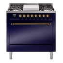 ILVE Nostalgie II 36 inch Propane Gas Range with 6 Sealed Burners, Griddle with Triple Glass Door in Midnight Blue with Burnished Trim