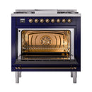 ILVE Nostalgie II 36 inch Propane Gas Range with 6 Sealed Burners, Griddle with Triple Glass Door in Midnight Blue with Burnished Trim
