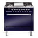 ILVE Nostalgie II 36 inch Propane Gas Range with 6 Sealed Burners, Griddle with Triple Glass Door in Midnight Blue with Chrome Trim