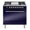ILVE Nostalgie II 36 inch Propane Gas Range with 6 Sealed Burners, Griddle with Triple Glass Door in Midnight Blue with Chrome Trim