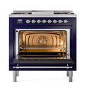 ILVE 36-Inch Nostalgie II Dual Fuel Range with 6 Burners and Solid Door Oven in Midnight Blue with Chrome Trim (UP36FQNMPMBC)
