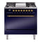 ILVE Nostalgie II 36 inch Propane Gas Range with 6 Sealed Burners, Griddle with Triple Glass Door in Midnight Blue with Brass Trim