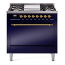 ILVE 36-Inch Nostalgie II Dual Fuel Range with 6 Burners and Solid Door Oven in Midnight Blue with Brass Trim (UP36FQNMPMBG)