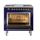 ILVE Nostalgie II 36 inch Propane Gas Range with 6 Sealed Burners, Griddle with Triple Glass Door in Midnight Blue with Brass Trim