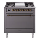 ILVE Nostalgie II 36 inch Propane Gas Range with 6 Sealed Burners, Griddle with Triple Glass Door in Graphite Matte with Burnished Trim