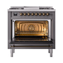 ILVE Nostalgie II 36 inch Propane Gas Range with 6 Sealed Burners, Griddle with Triple Glass Door in Graphite Matte with Burnished Trim