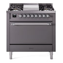 ILVE Nostalgie II 36 inch Propane Gas Range with 6 Sealed Burners, Griddle with Triple Glass Door in Graphite Matte with Chrome Trim