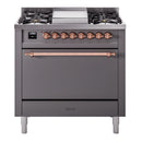 ILVE Nostalgie II 36 inch Propane Gas Range with 6 Sealed Burners, Griddle with Triple Glass Door in Graphite Matte with Copper Trim