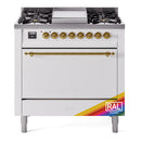 ILVE Nostalgie II 36 inch Propane Gas Range with 6 Sealed Burners, Griddle with Triple Glass Door in RAL with Brass Trim