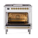 ILVE Nostalgie II 36 inch Propane Gas Range with 6 Sealed Burners, Griddle with Triple Glass Door in RAL with Brass Trim