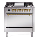 ILVE Nostalgie II 36 inch Propane Gas Range with 6 Sealed Burners, Griddle with Triple Glass Door in Stainless Steel with Brass Trim