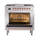 ILVE Nostalgie II 36 inch Propane Gas Range with 6 Sealed Burners, Griddle with Triple Glass Door in Stainless Steel with Copper Trim