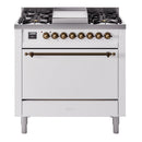 ILVE Nostalgie II 36 inch Propane Gas Range with 6 Sealed Burners, Griddle with Triple Glass Door in White with Burnished Trim