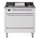 ILVE Nostalgie II 36 inch Propane Gas Range with 6 Sealed Burners, Griddle with Triple Glass Door in White with Chrome Trim