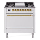 ILVE Nostalgie II 36 inch Propane Gas Range with 6 Sealed Burners, Griddle with Triple Glass Door in White with Brass Trim