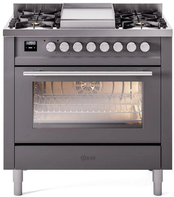 ILVE Professional Plus II 36-Inch Freestanding Dual Fuel Range with 6 Sealed Burner and Removable Griddle in Matte Graphite (UP36FWMPMG)