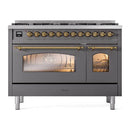 ILVE Nostalgie II Limited Edition 48-Inch Dual Fuel Range with 8 Gas Brass Burners and Electric Oven in Matte Graphite (UP488NMPMGG-LE)