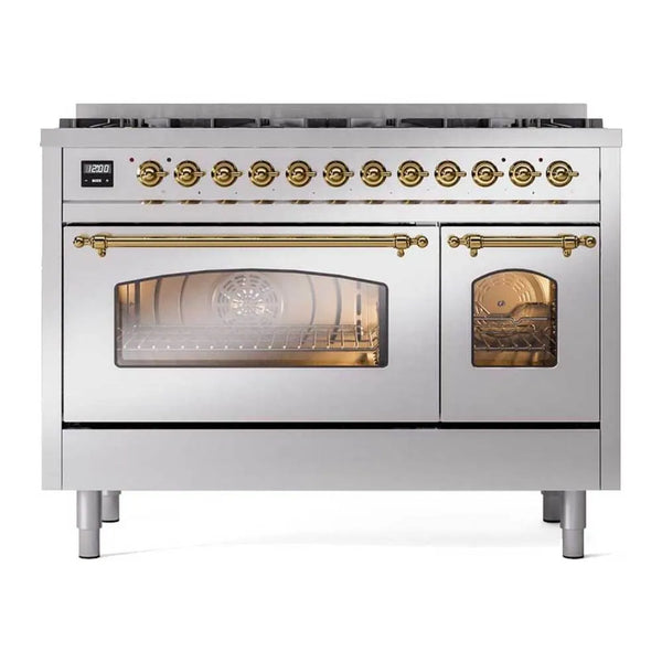 ILVE Nostalgie II Limited Edition 48-Inch Dual Fuel Range with 8 Gas Brass Burners and Electric Oven in Stainless Steel (UP488NMPSSG-LE)