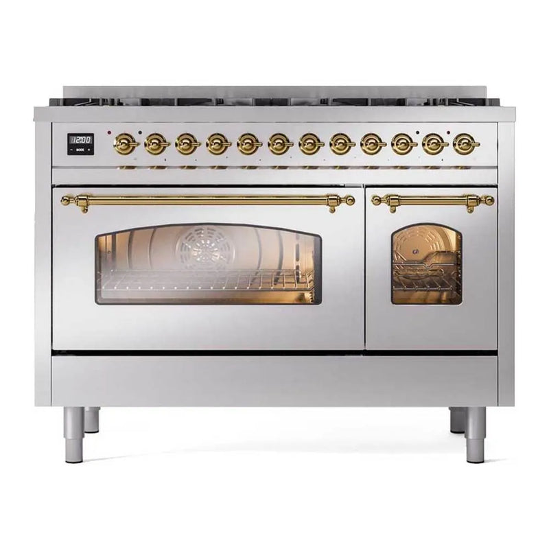 ILVE Nostalgie II Limited Edition 48-Inch Dual Fuel Range with 8 Gas Brass Burners and Electric Oven in Stainless Steel (UP488NMPSSG-LE)