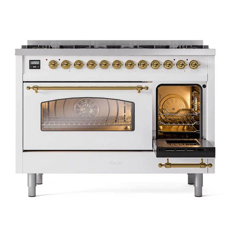 ILVE Nostalgie II Limited Edition 48-Inch Dual Fuel Range with 8 Gas Brass Burners and Electric Oven in White (UP488NMPWHG-LE)