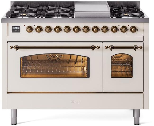 ILVE Nostalgie II 48-Inch Dual Fuel Freestanding Range with Removable Griddle in Antique White with Bronze Trim (UP48FNMPAWB)