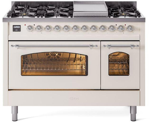 ILVE Nostalgie II 48-Inch Dual Fuel Freestanding Range with Removable Griddle in Antique White with Chrome Trim (UP48FNMPAWC)