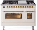 ILVE Nostalgie II 48-Inch Dual Fuel Freestanding Range with Removable Griddle in Antique White with Brass Trim (UP48FNMPAWG)