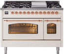 ILVE Nostalgie II 48-Inch Dual Fuel Freestanding Range with Removable Griddle in Antique White with Copper Trim (UP48FNMPAWP)